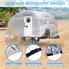 Teardrop Camper Cover Waterproof, Fade and Tear Resistant Travel Trailer Cover, Utility Silver Coated Fabric RV Cover with Metal Buckle, Outdoor Windproof Heavy-Duty Camper Covers