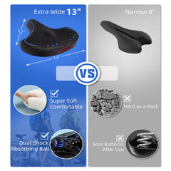 Oversized Bike Seat Cushion Replacement, Comfortable Bike Saddle for Men & Women, Accessories for Bike, Exercise Bicycle Seat for Spin, Mountain, Cruiser, Road Bike (13"x 12"x 6")