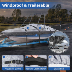 900D Ski & Wakeboard Tower Boat Cover, Waterproof Fade and Tear Resistant Boat Cover, Full Metal Fittings Trailerable Boat Covers Fits V-Hull,Runabout with Ski/Wakeboard Towers