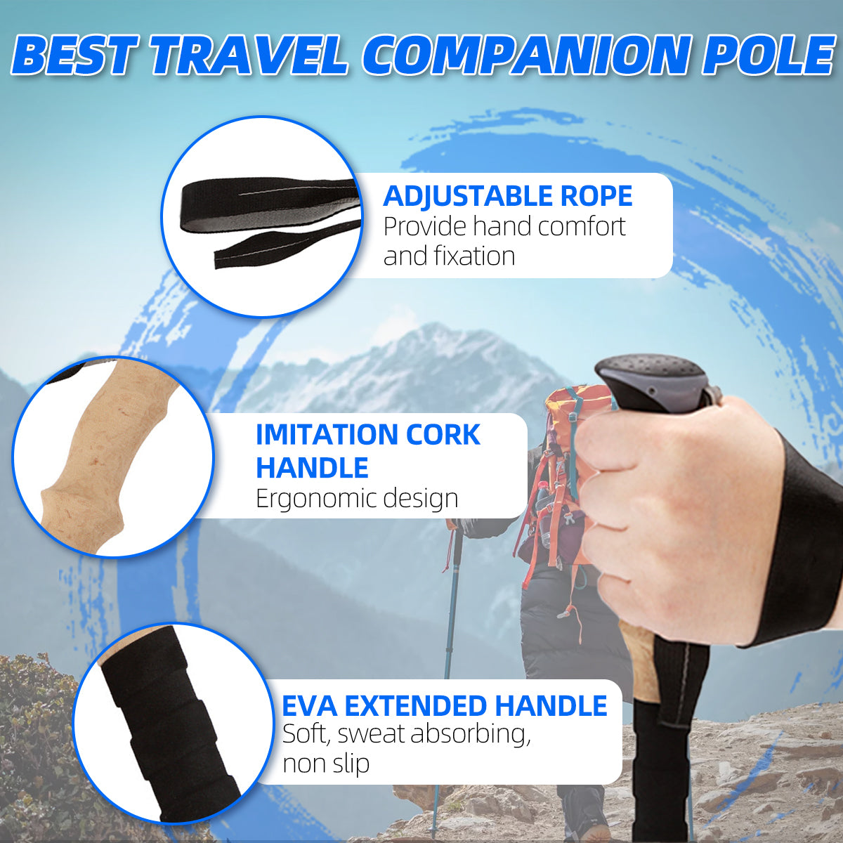 Trekking Poles for Hiking and Walking Collapsible, Lightweight 7075 Hiking Poles, Telescopic Walking Stick Pole for Adult, Children, Seniors, Comfortable Eva Grip, Adjustable Nylon Flip Lock