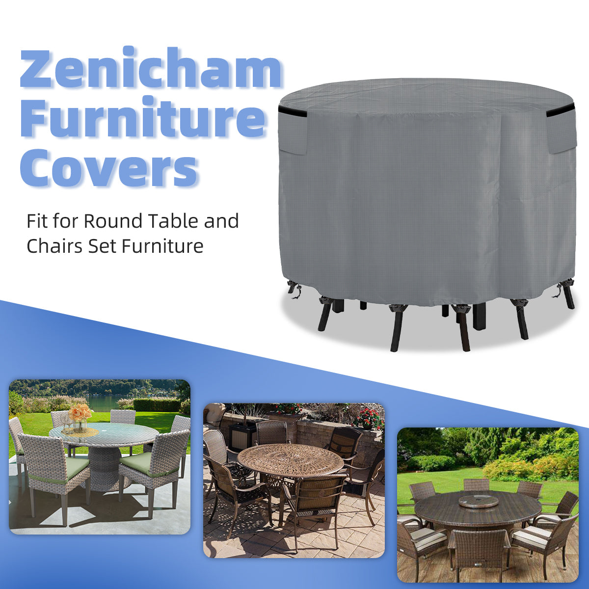 Waterproof Round Patio Table and Chairs Cover, 210T Taffeta Windproof patio furniture covers round, Tear-Resistant patio table covers for outdoor furniture with handle(Gray)