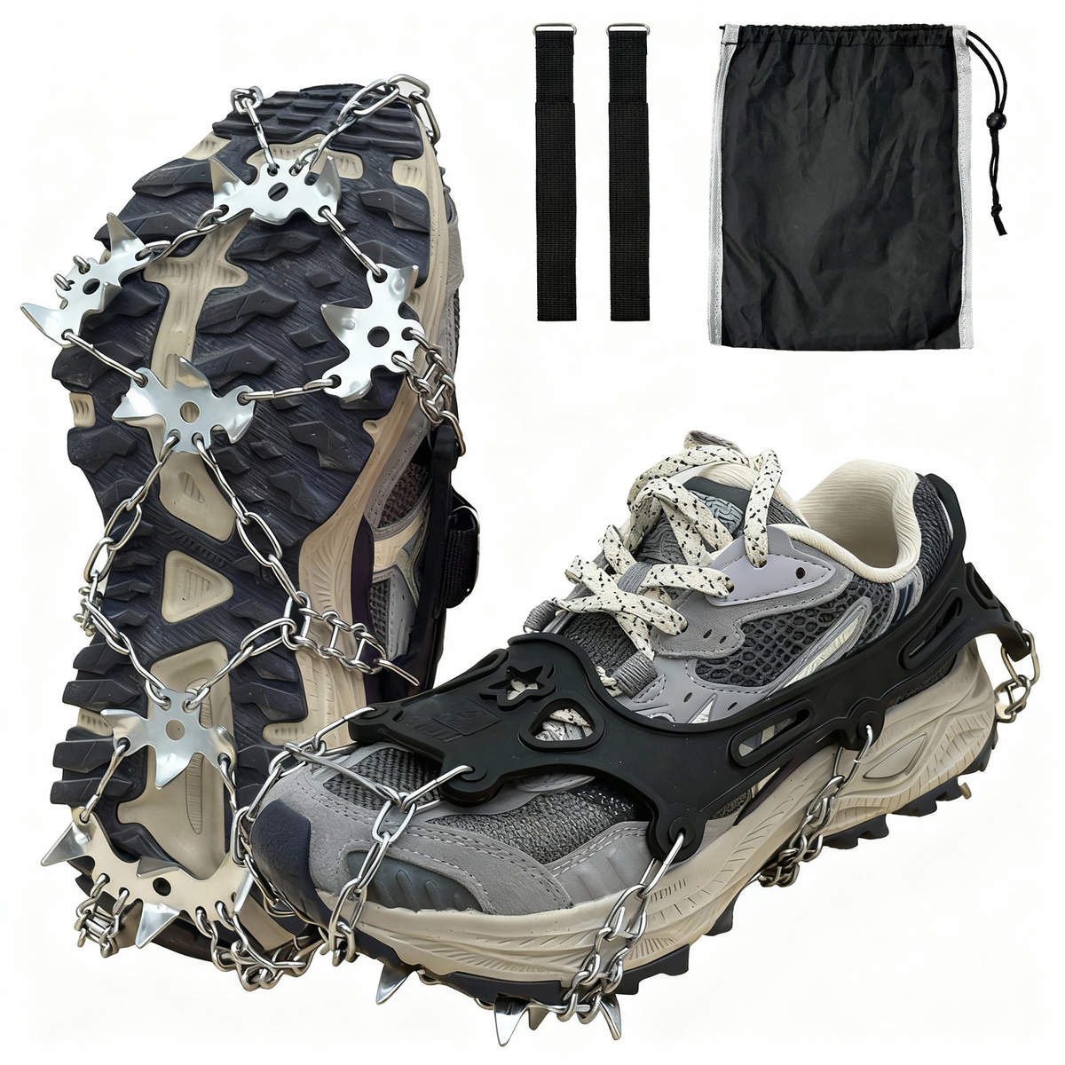 Ice Cleats for Shoes and Boots, 19 Stainless Steel Spikes Crampons, Anti-Slip Snow Shoes Microspikes for Hiking, Climbing Gear, Ice Fishing Gear, Boot Chains for Winter Walking