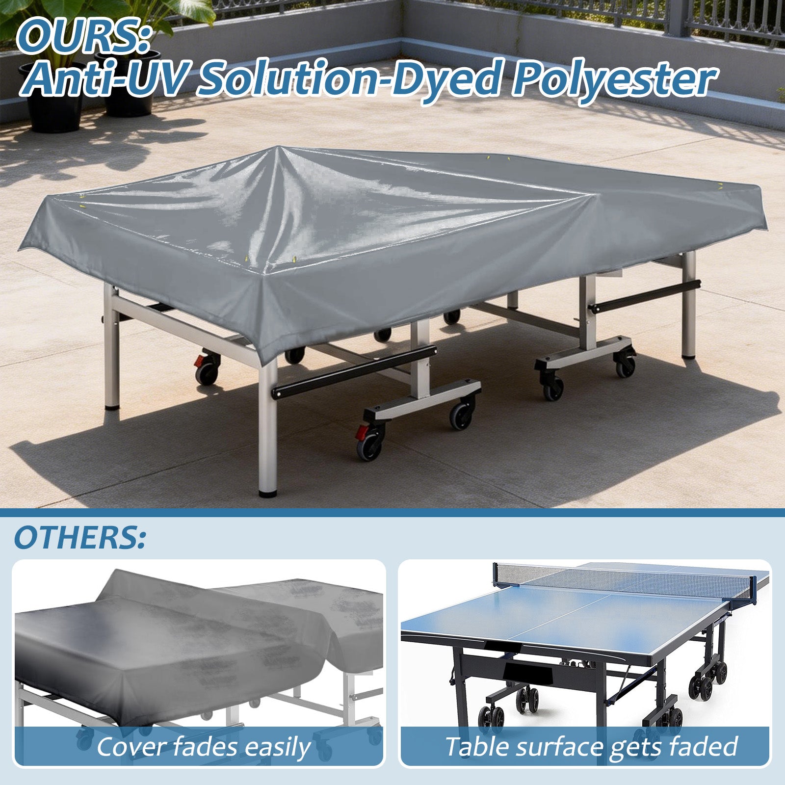 Outdoor Ping Pong Table Cover for 9x5 ft Table, Heavy Duty 600D Waterproof Polyester, UV Fade Resistant, Windproof Buckle Straps, Fits Folding & Flat Tables, Storage Bag, Dark Gray