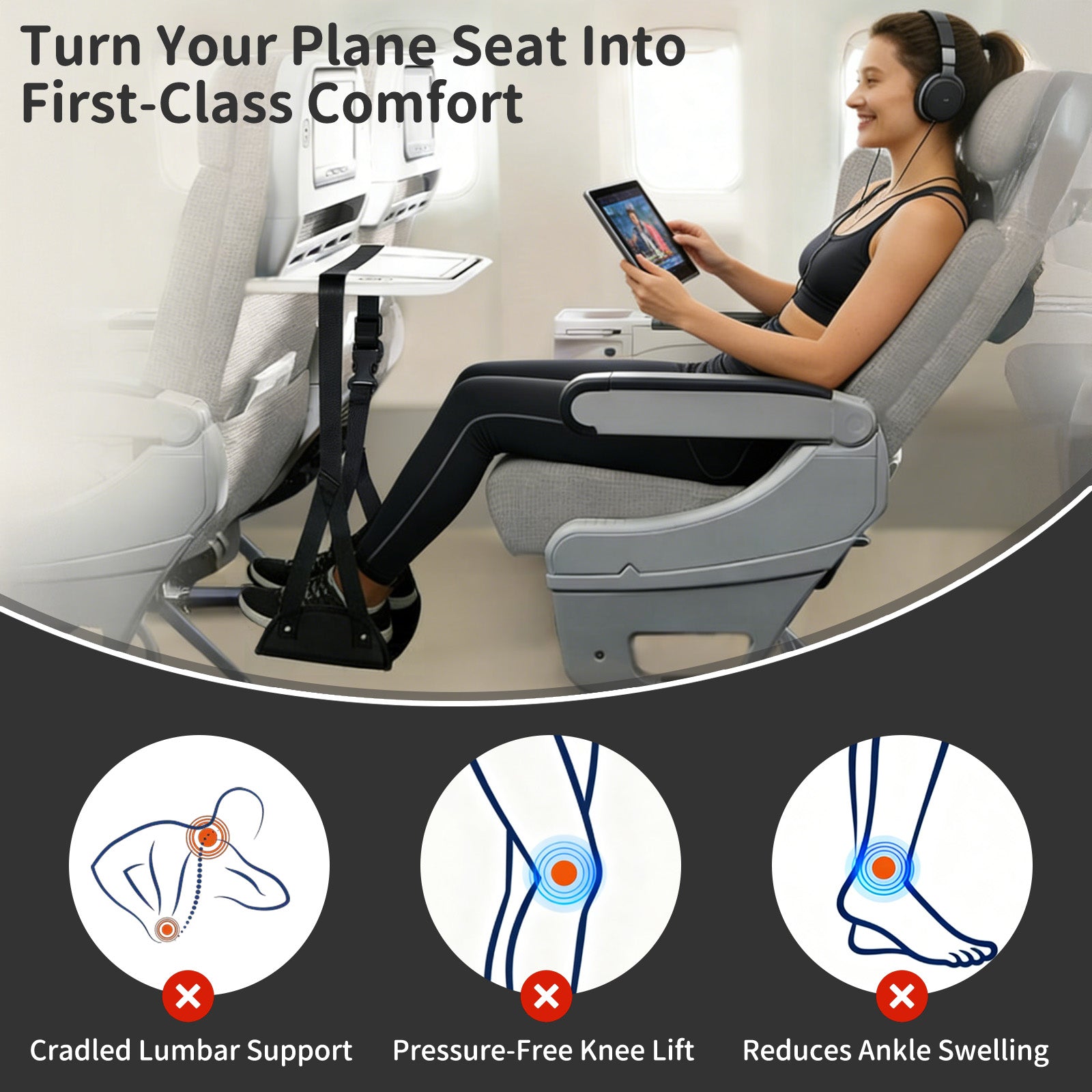 Airplane Foot Rest Hammock for Flight, Adjustable Foot Rest Under Desk, Portable Wide Foot Support for Long Trips & Office, Travel Essentials, Best Airplane Gadgets & Travel Gifts, 1 Pack
