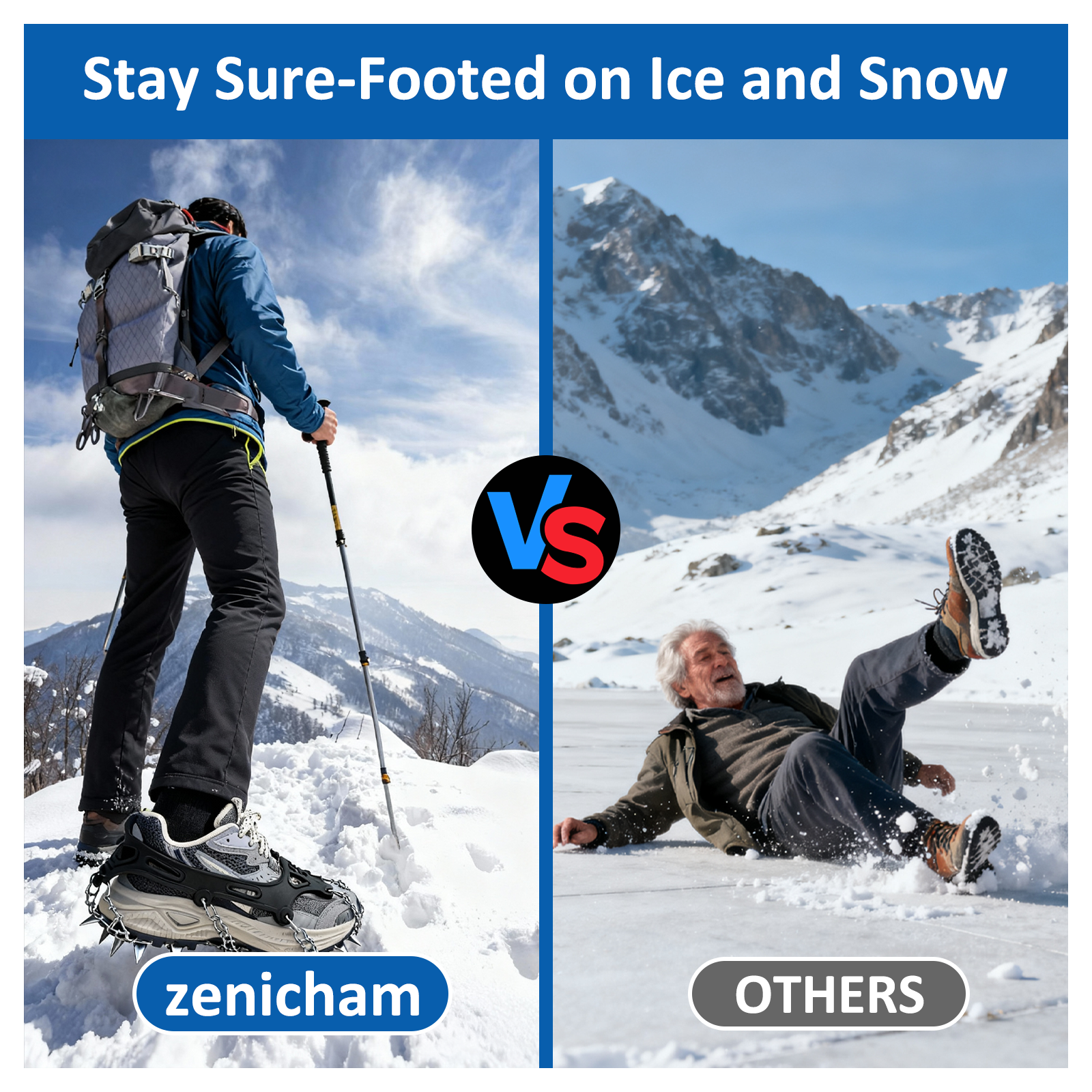 Ice Cleats for Shoes and Boots, 19 Stainless Steel Spikes Crampons, Anti-Slip Snow Shoes Microspikes for Hiking, Climbing Gear, Ice Fishing Gear, Boot Chains for Winter Walking