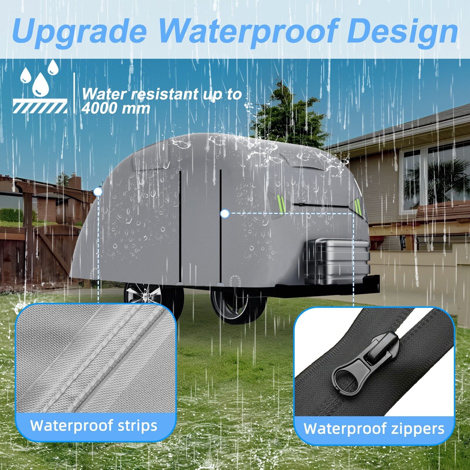 camper tarp Teardrop Camper Cover Waterproof, Fade and Tear Resistant Travel Trailer Cover, Utility Silver Coated Fabric RV Cover with Metal Buckle, Outdoor