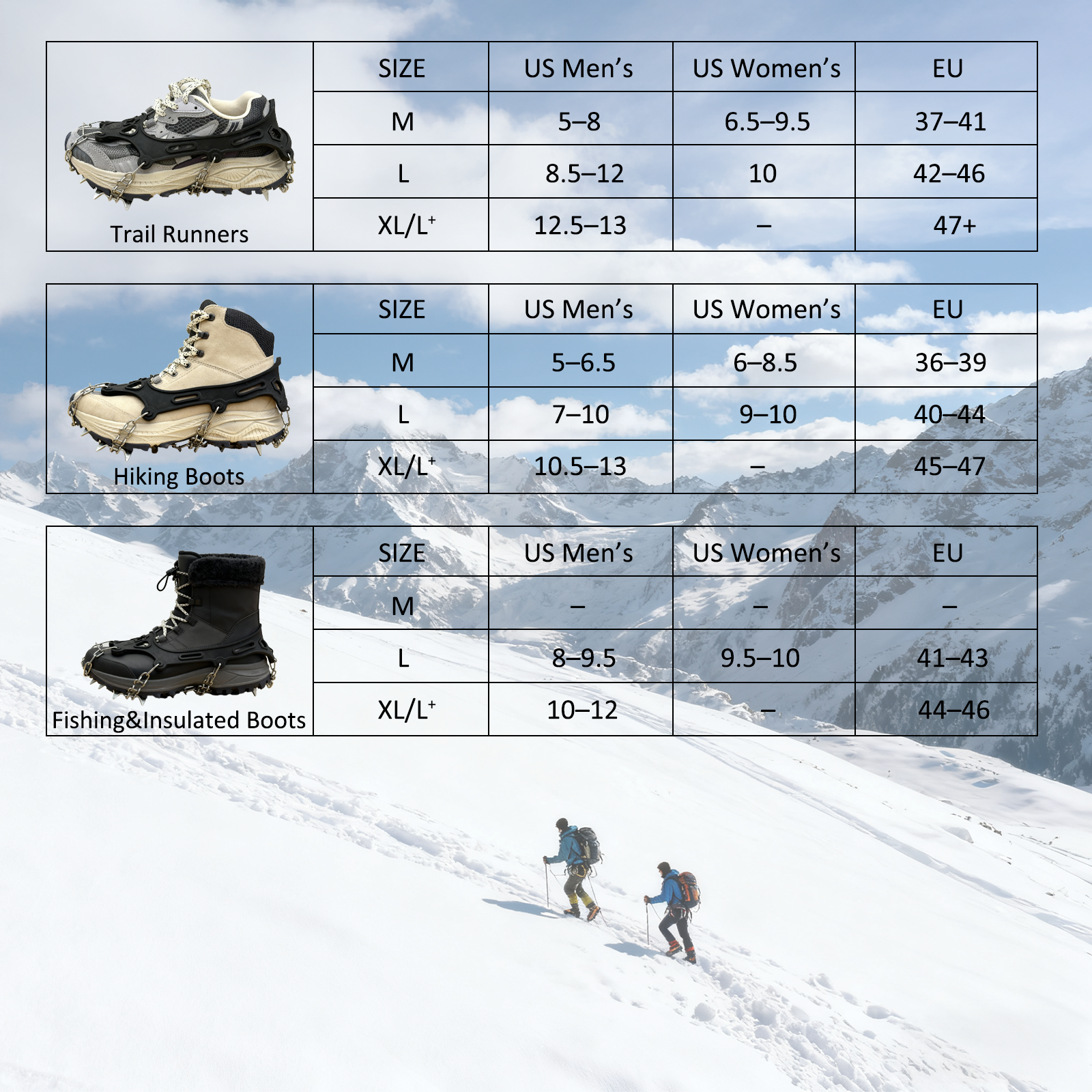 Ice Cleats for Shoes and Boots, 19 Stainless Steel Spikes Crampons, Anti-Slip Snow Shoes Microspikes for Hiking, Climbing Gear, Ice Fishing Gear, Boot Chains for Winter Walking