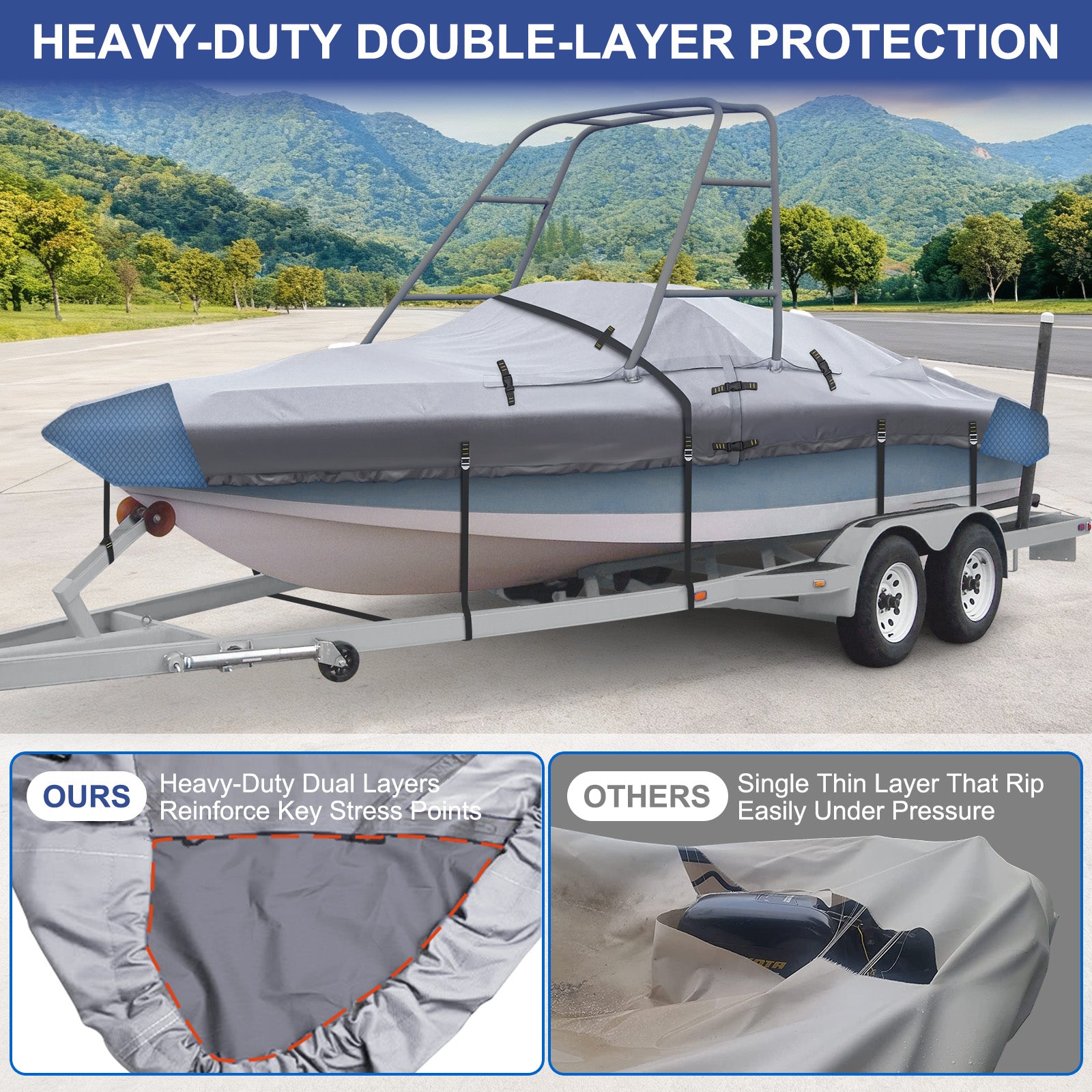 Ski & Wakeboard Tower Boat Cover 17-19ft for Wake Tower, 900D Marine-Grade Heavy Duty Boat Cover with Reinforced Stitching, All-Season  Waterproof Boat Wrap for Winter