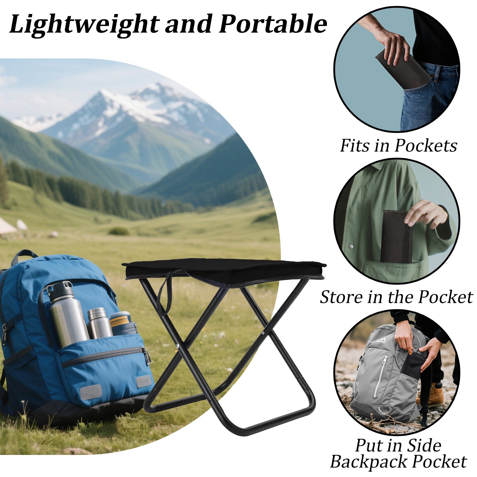Camping Stool Portable Pocket Handbag Stool, Collapsible Chair Folding Stool for Adults Holds 275lbs, Small Camp Seat for Camping