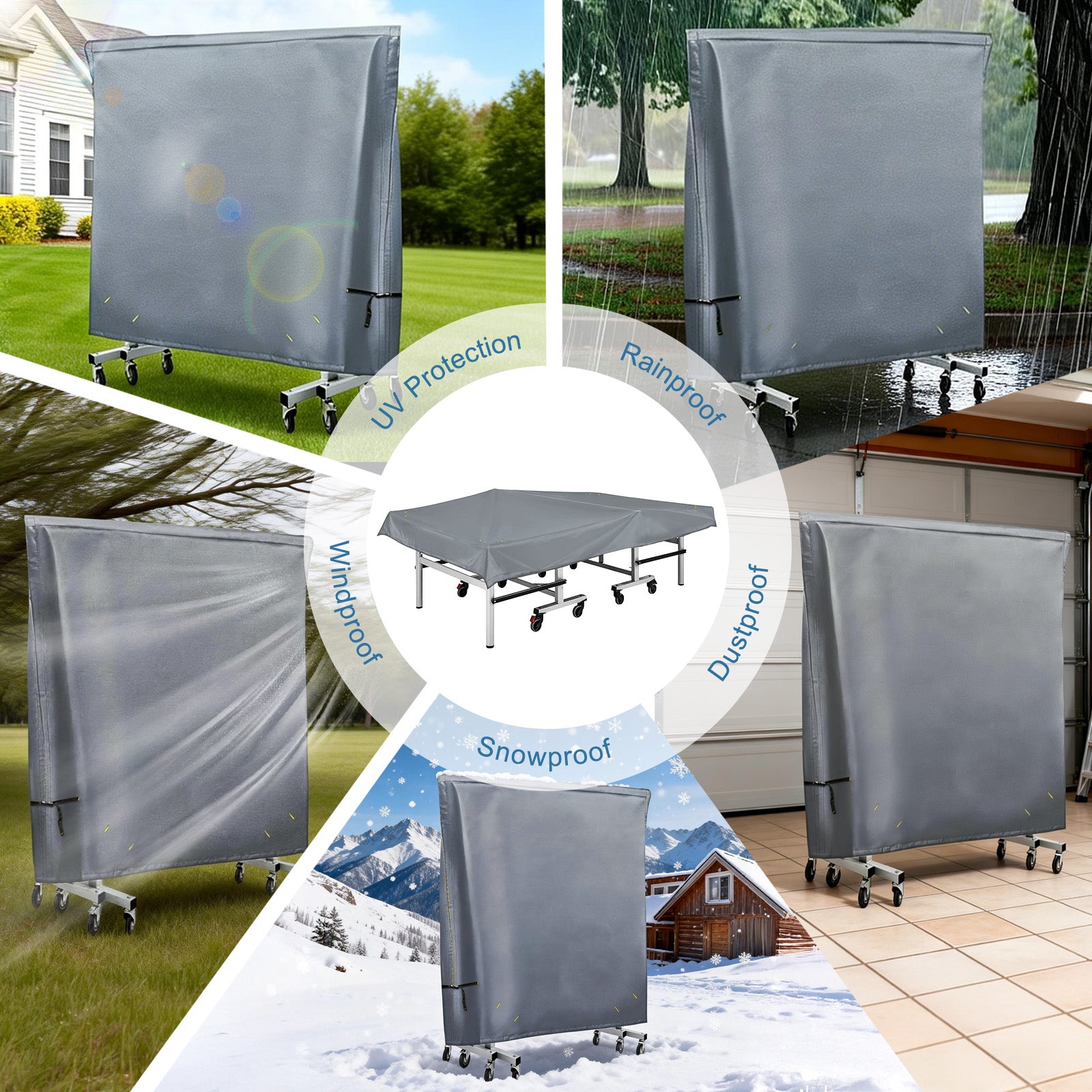 Outdoor Ping Pong Table Cover for 9x5 ft Table, Heavy Duty 600D Waterproof Polyester, UV Fade Resistant, Windproof Buckle Straps, Fits Folding & Flat Tables, Storage Bag, Dark Gray