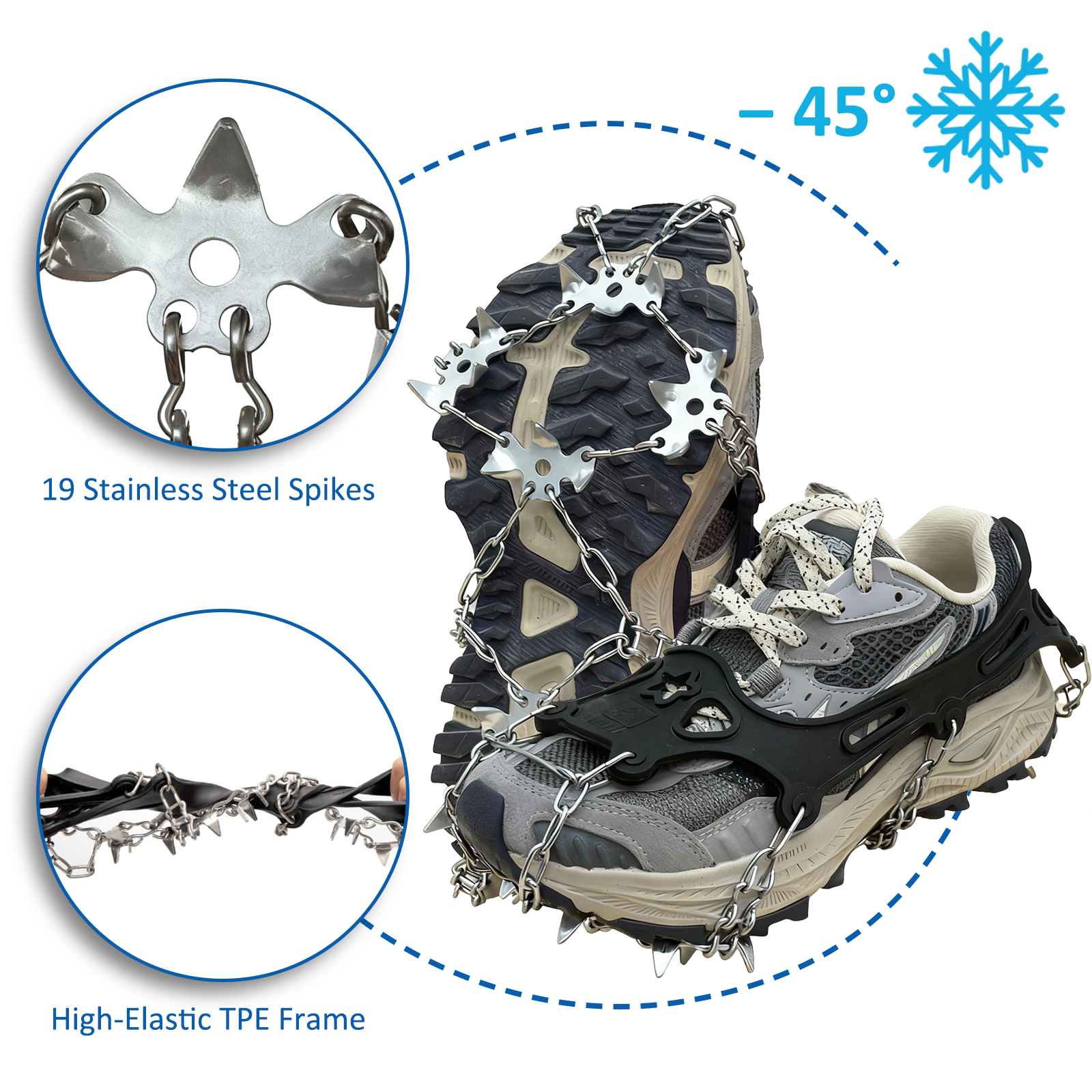 Ice Cleats for Shoes and Boots, 19 Stainless Steel Spikes Crampons, Anti-Slip Snow Shoes Microspikes for Hiking, Climbing Gear, Ice Fishing Gear, Boot Chains for Winter Walking