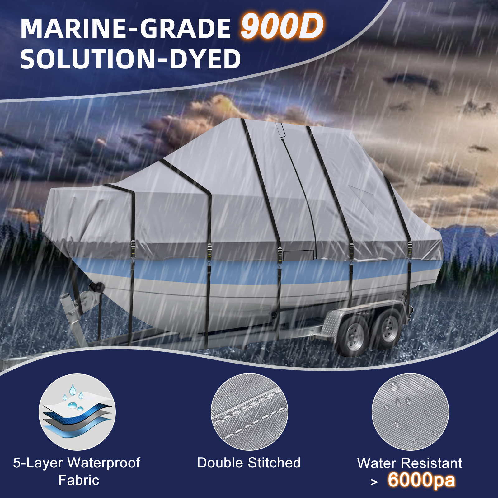 900D T Top Boat Cover -Heavy Duty Boat Cover, Waterproof T Top Hard Top Boat Cover, Trailerable Center Console Boat Cover